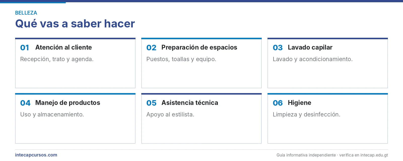 Áreas que se aprenden — Asistente en servicios de belleza capilares (FORJA, INTECAP)
