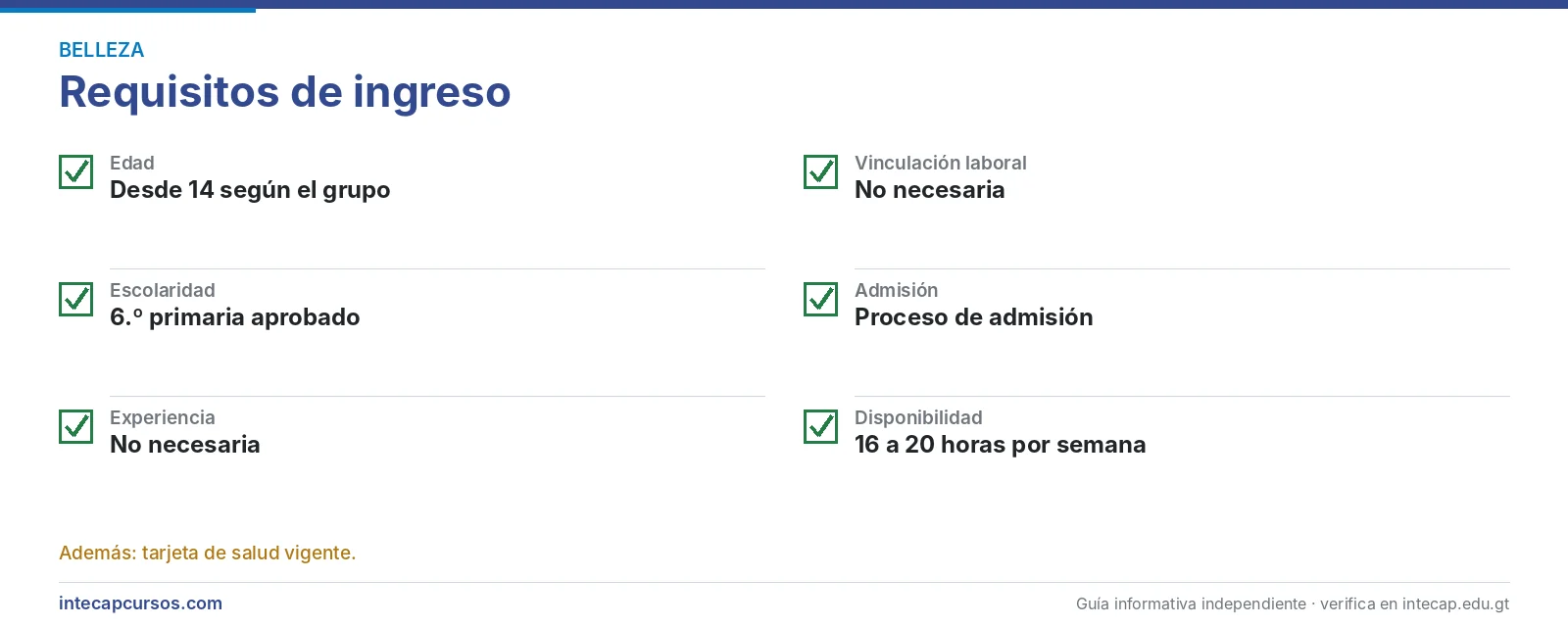 Requisitos de ingreso — Cultor(a) de belleza en el INTECAP