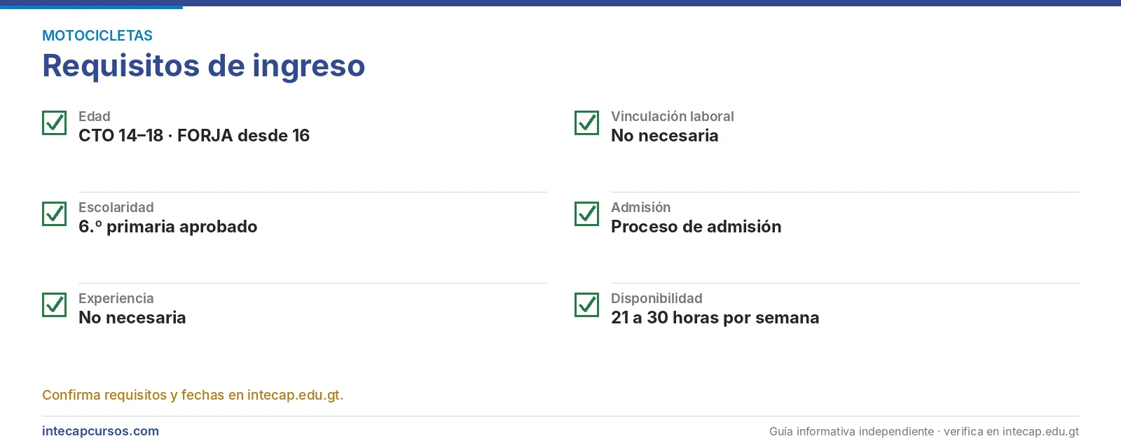 Requisitos de ingreso — Mecánico de motocicletas en el INTECAP