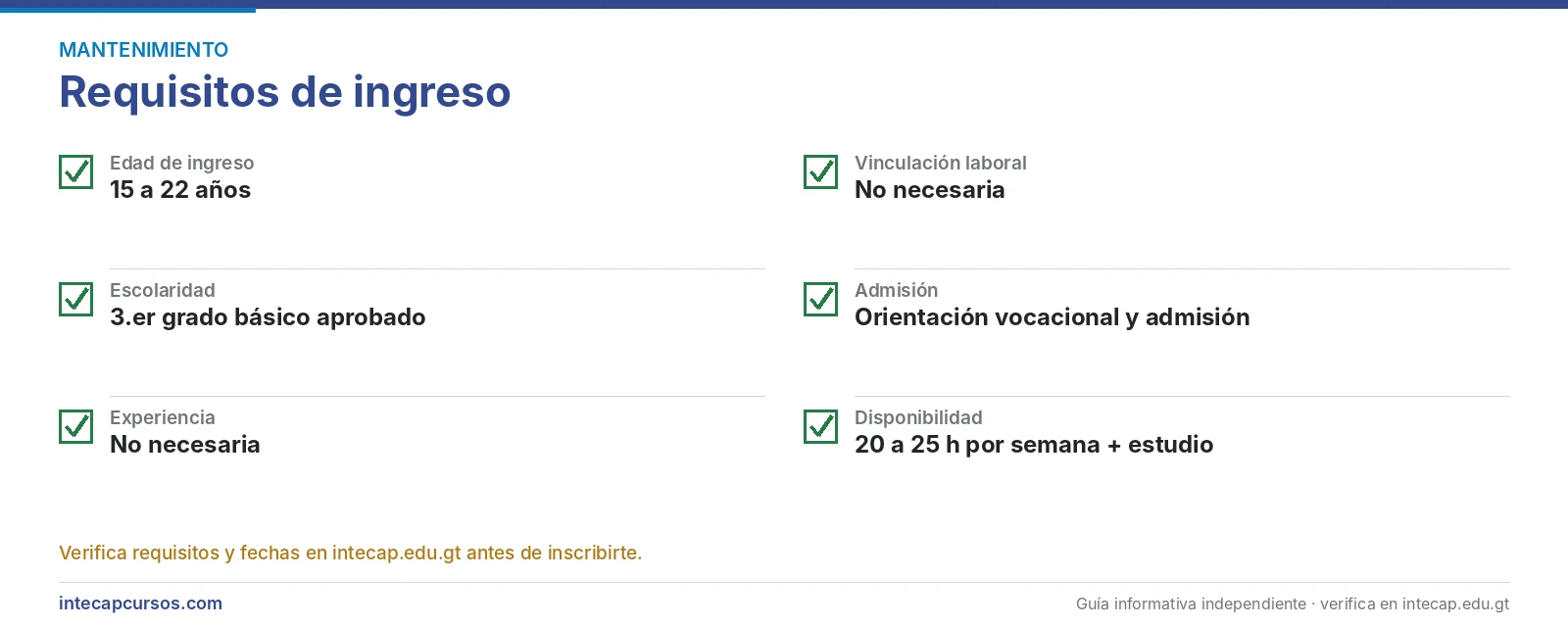 Requisitos de ingreso — Perito en Mantenimiento Industrial del INTECAP