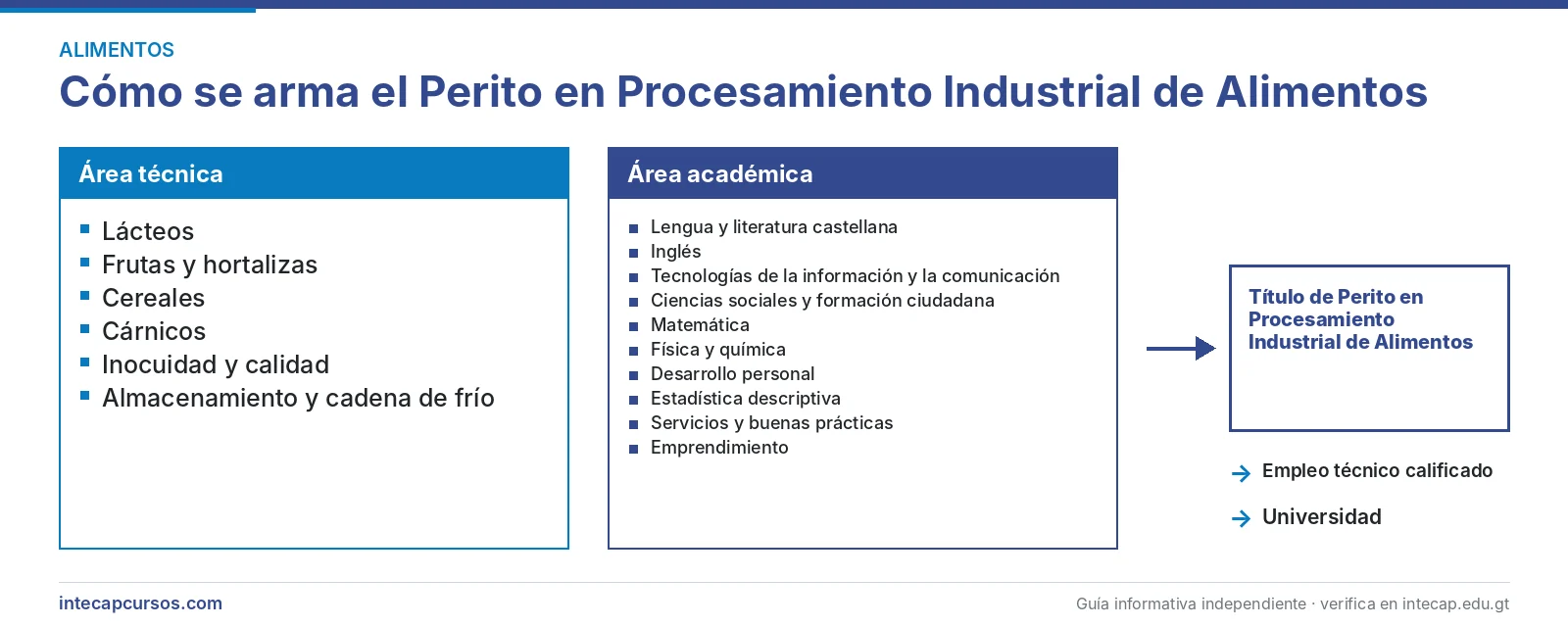 Estructura de la carrera: área técnica y área académica — Perito en Procesamiento Industrial de Alimentos del INTECAP