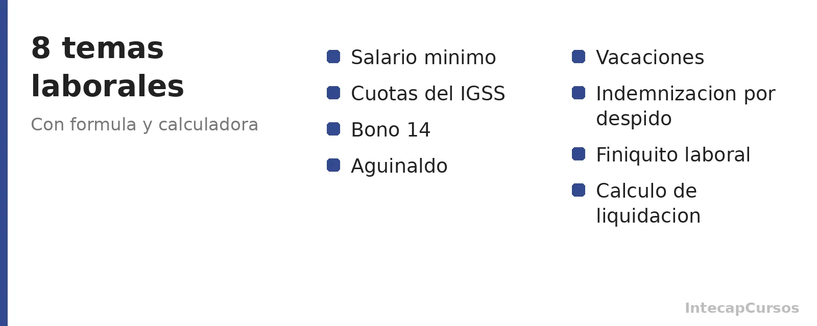 Ocho temas laborales de Guatemala con formula y calculadora