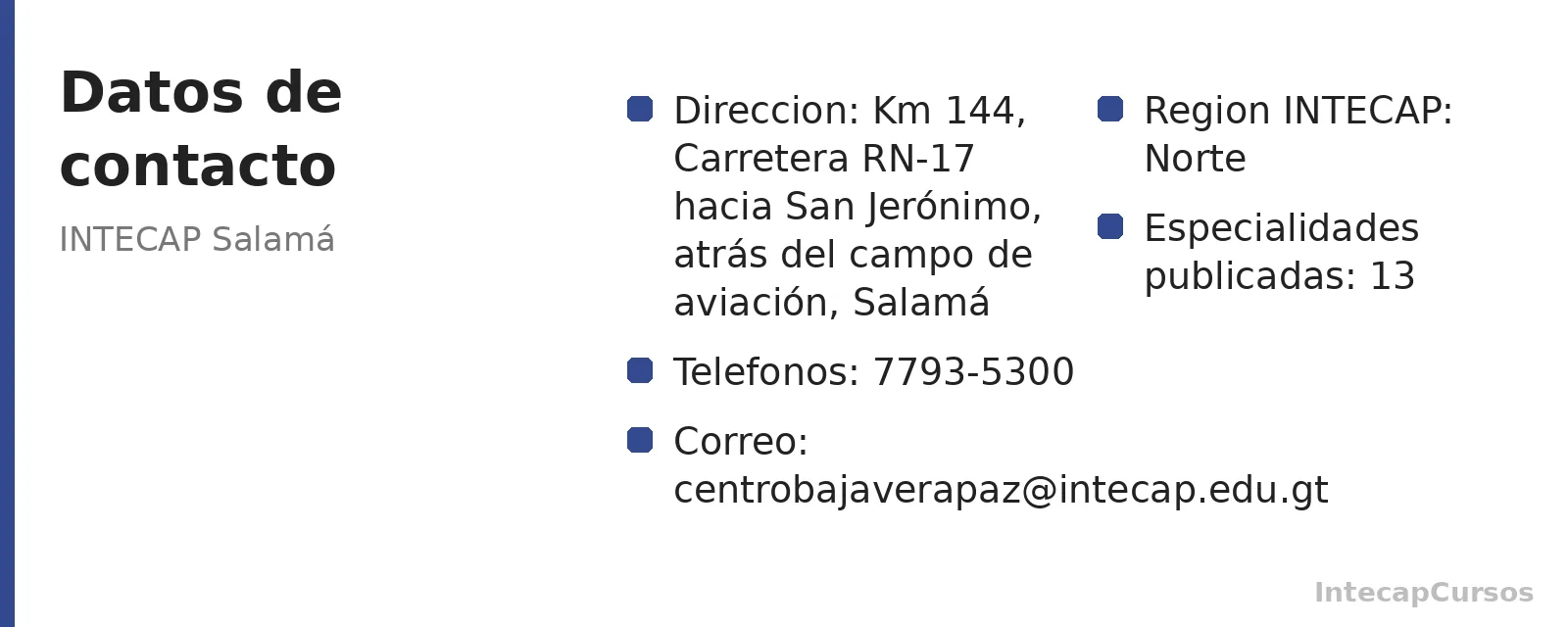 Direccion, telefonos y correo de INTECAP Salamá