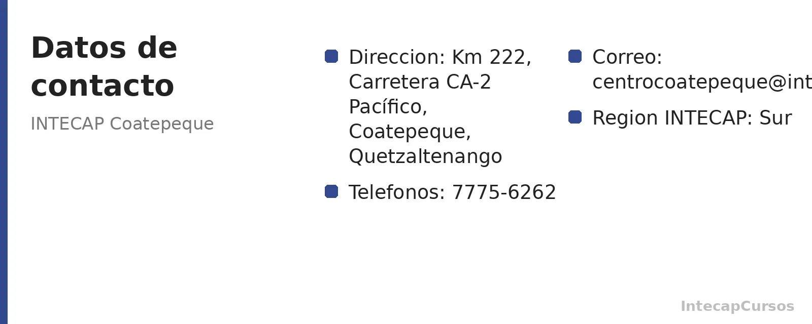 Direccion, telefonos y correo de INTECAP Coatepeque