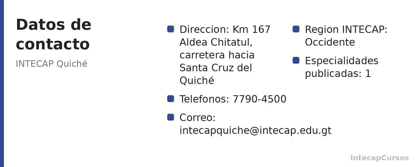 Direccion, telefonos y correo de INTECAP Quiché