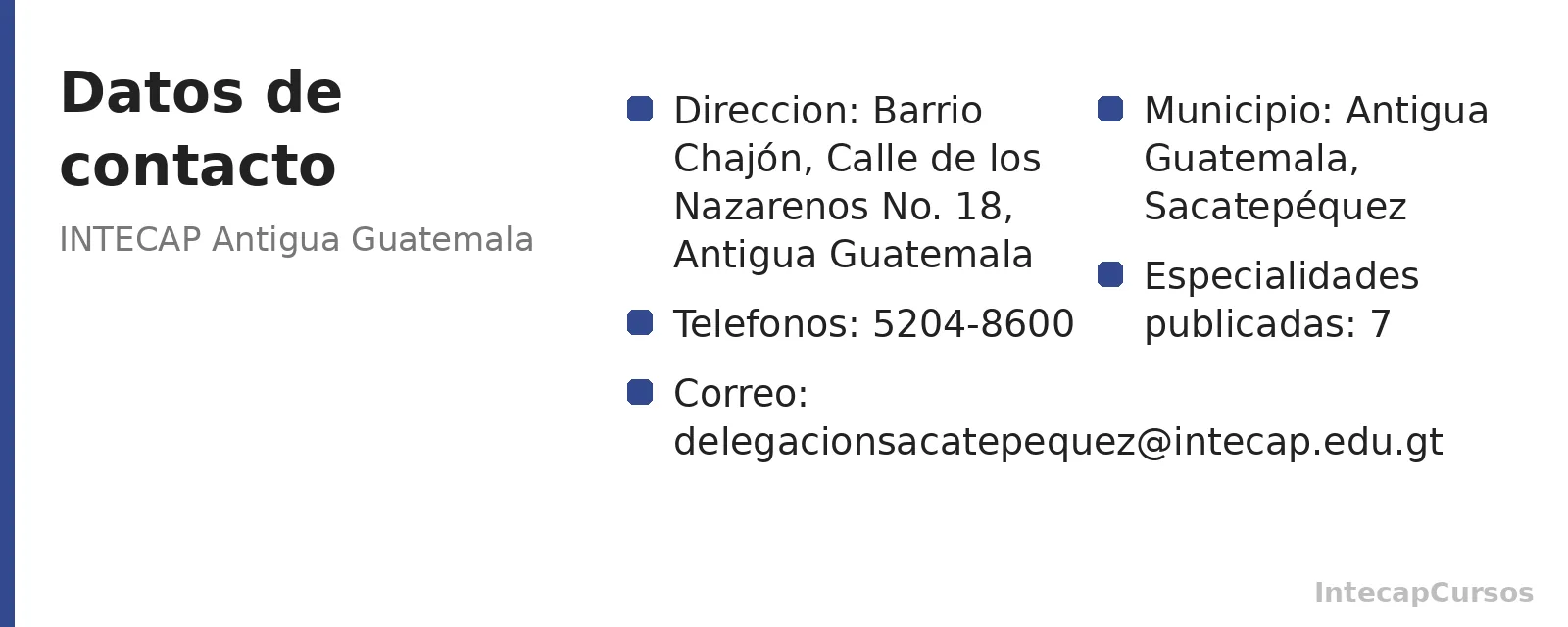 Direccion, telefonos y correo de INTECAP Antigua Guatemala