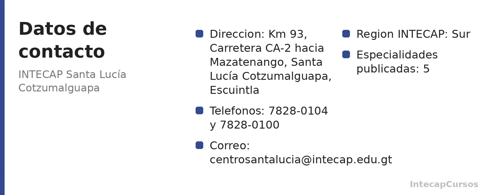 Direccion, telefonos y correo de INTECAP Santa Lucía Cotzumalguapa