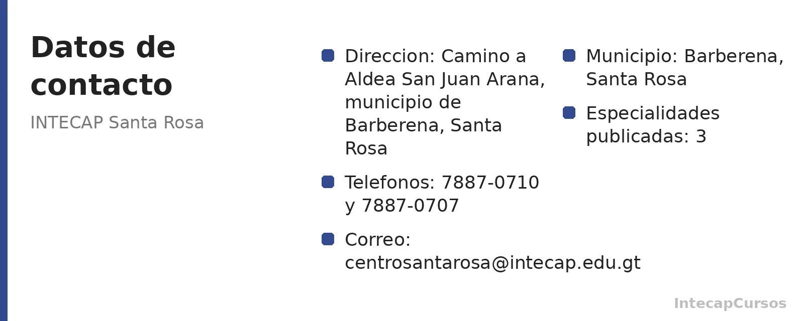 Direccion, telefonos y correo de INTECAP Santa Rosa
