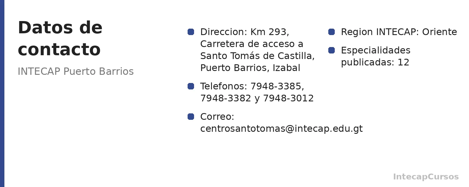 Direccion, telefonos y correo de INTECAP Puerto Barrios