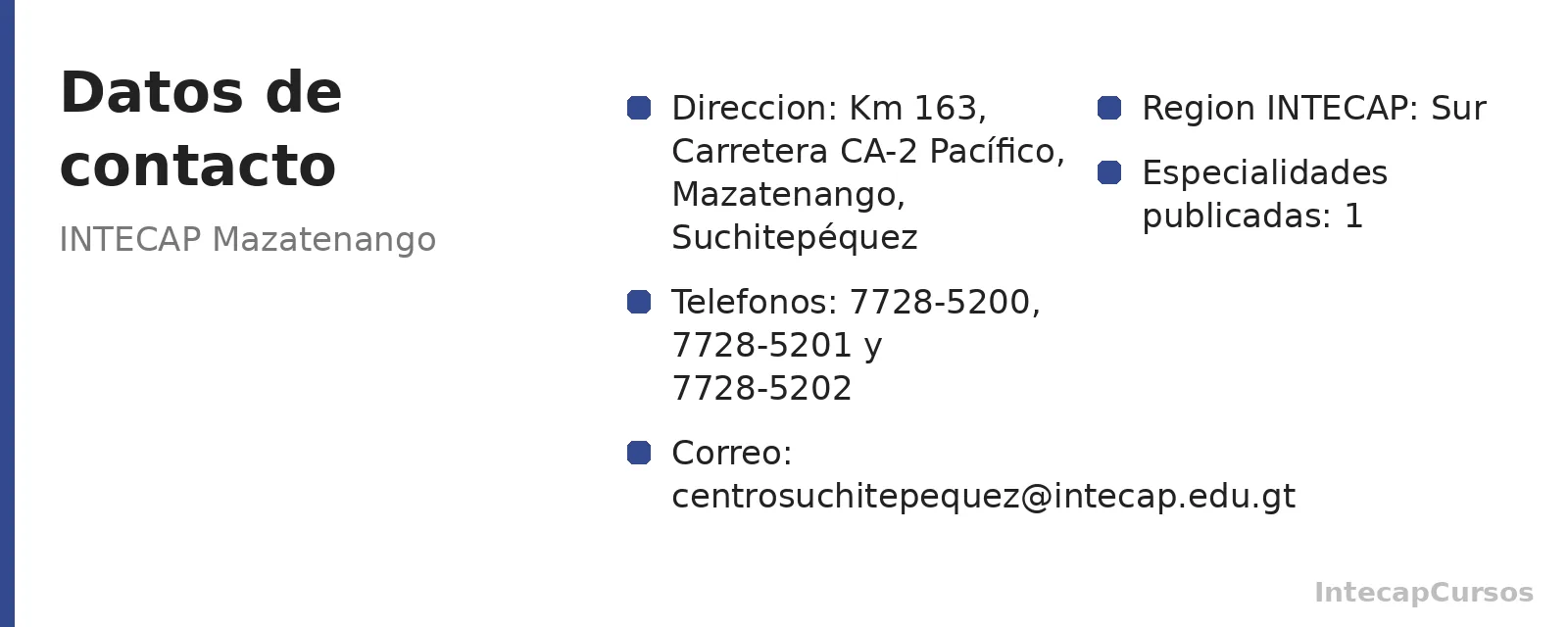Direccion, telefonos y correo de INTECAP Mazatenango